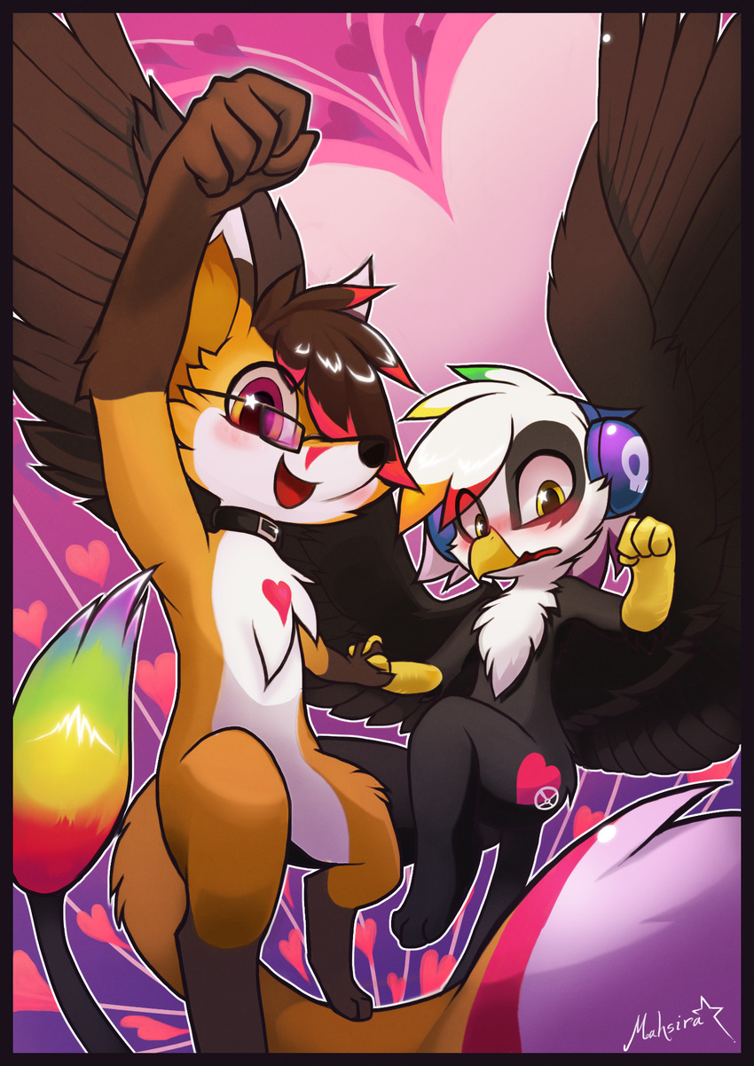 &lt;3 2014 anthro avian canine claws couple duo eyewear faxy feathers fox fur glasses gryphon hair headphones male mammal multi-colored_hair nude rainbow skoop_(character) wings