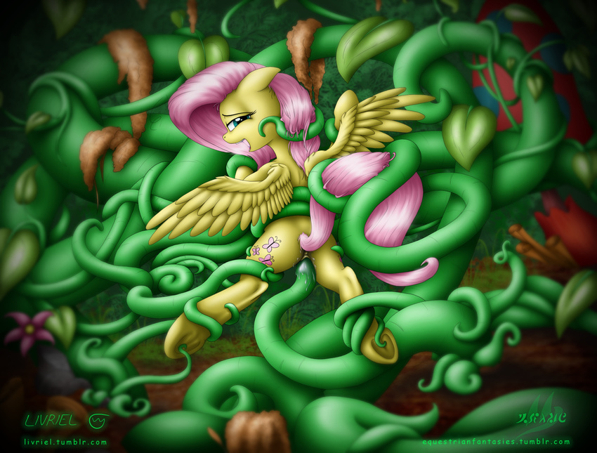 2014 anus butt collaboration cutie_mark drake_drachenlicht equine everfree_forest female feral fluttershy_(mlp) friendship_is_magic fur green_eyes hair hooves livriel long_hair looking_at_viewer looking_back mammal my_little_pony open_mouth outside pegasus penetration pink_hair pussy pussy_juice restrained smile smirk solo spread_legs spreading tentacles underhoof vaginal vaginal_penetration wet wet_pussy wings yellow_fur