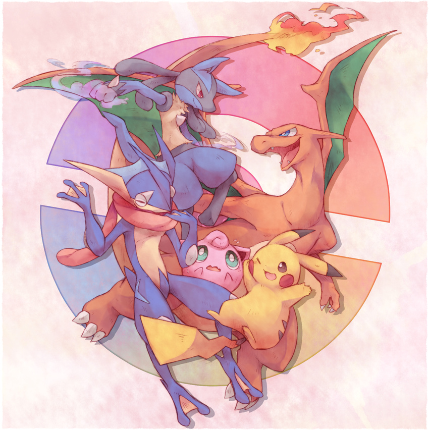 charizard d.summer greninja happy highres jigglypuff lucario no_humans pikachu pokemon super_smash_bros.