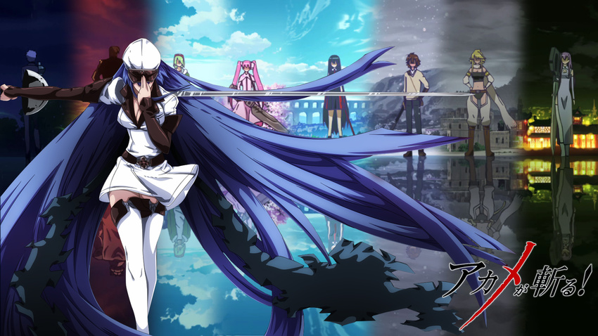 3boys 6+girls akame akame_ga_kill! blue_hair breasts bulat character_request esdeath esdese feet hat highres ice large_breasts leone long_hair lubbock mine_(akame_ga_kill!) multiple_boys multiple_girls najenda sheele skirt standing stitched sword tatsumi_(akame_ga_kill!) tattoo thighs uniform weapon