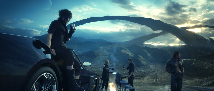 3d 4boys car cup final_fantasy final_fantasy_xv fire gladiolus_amicitia glasses grill highres highway ignis_scientia motor_vehicle mountain mountains mug multiple_boys noctis_lucis_caelum official_art prompto_argentum road scenery square_enix sunset vehicle