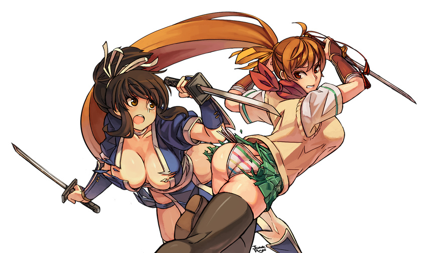 2girls ahoge ass asuka_(senran_kagura) black_legwear breasts brown_eyes brown_hair choker cleavage clothing_swap cosplay costume_switch crossover dead_or_alive dual_wielding hair_ribbon junkpuyo kasumi_(doa) katana large_breasts long_hair multiple_girls ninja open_mouth panties ponytail ribbon scarf school_uniform senran_kagura senran_kagura_(series) simple_background skirt striped striped_panties sword thighhighs torn_clothes torn_skirt transparent_background underwear very_long_hair weapon