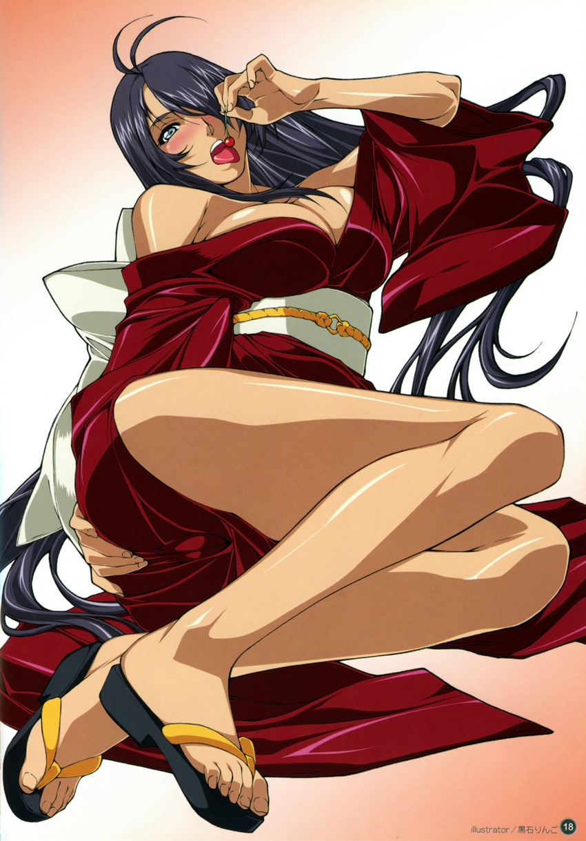 absurdres ahoge alternate_costume antenna_hair artist_name ass bangs bare_legs bare_shoulders black_hair blue_eyes blush bow breasts cameltoe cherry cleavage eating feet food from_above fruit gradient gradient_background hair_over_one_eye hand_on_ass highres holding ikkitousen ikkitousen_great_guardians japanese_clothes kan'u_unchou kimono kuroishi_ringo large_breasts legs long_hair long_legs looking_at_viewer lying no_bra nose_blush obi off_shoulder on_side open_clothes open_kimono open_mouth orange_background page_number platform_footwear rope sandals sash scan simple_background solo tan thighs toes tongue tongue_out very_long_hair