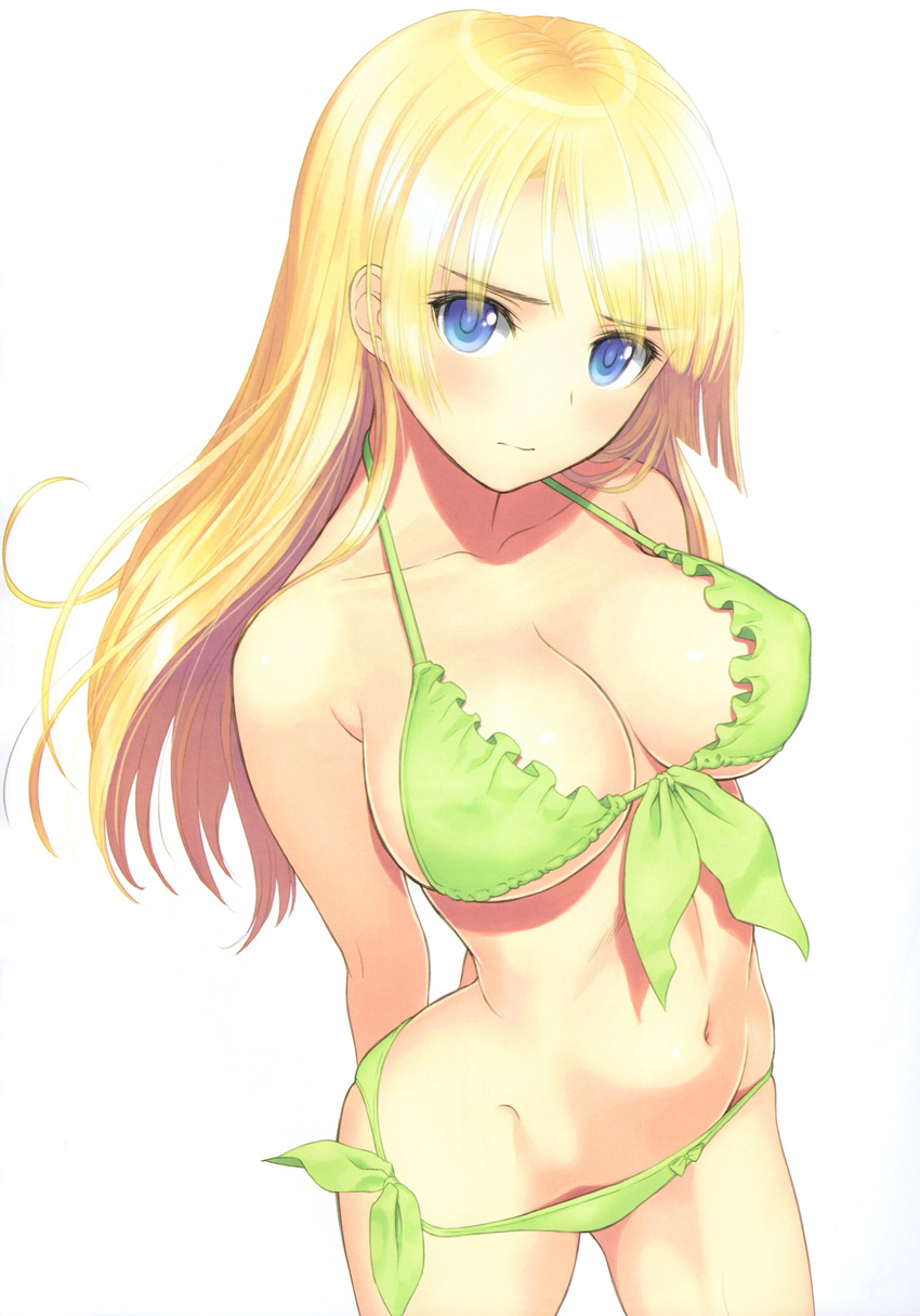 absurdres arms_behind_back bad_id bad_yandere_id bikini blonde_hair blue_eyes breasts cleavage collarbone covered_nipples frilled_bikini frills from_above front-tie_top green_bikini groin highres large_breasts long_hair looking_at_viewer navel original scan shiny shiny_skin side-tie_bikini simple_background solo stomach swimsuit tanaka_takayuki white_background