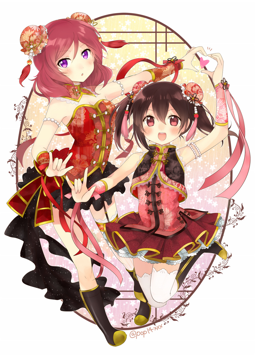 :d \m/ bare_shoulders black_hair bun_cover china_dress chinese_clothes double_bun dress frills heart heart_hands heart_hands_duo highres kakizato looking_at_viewer love_live! love_live!_school_idol_project multiple_girls nishikino_maki open_mouth purple_eyes red_eyes red_hair ribbon short_hair skirt smile thighhighs twintails white_legwear yazawa_nico