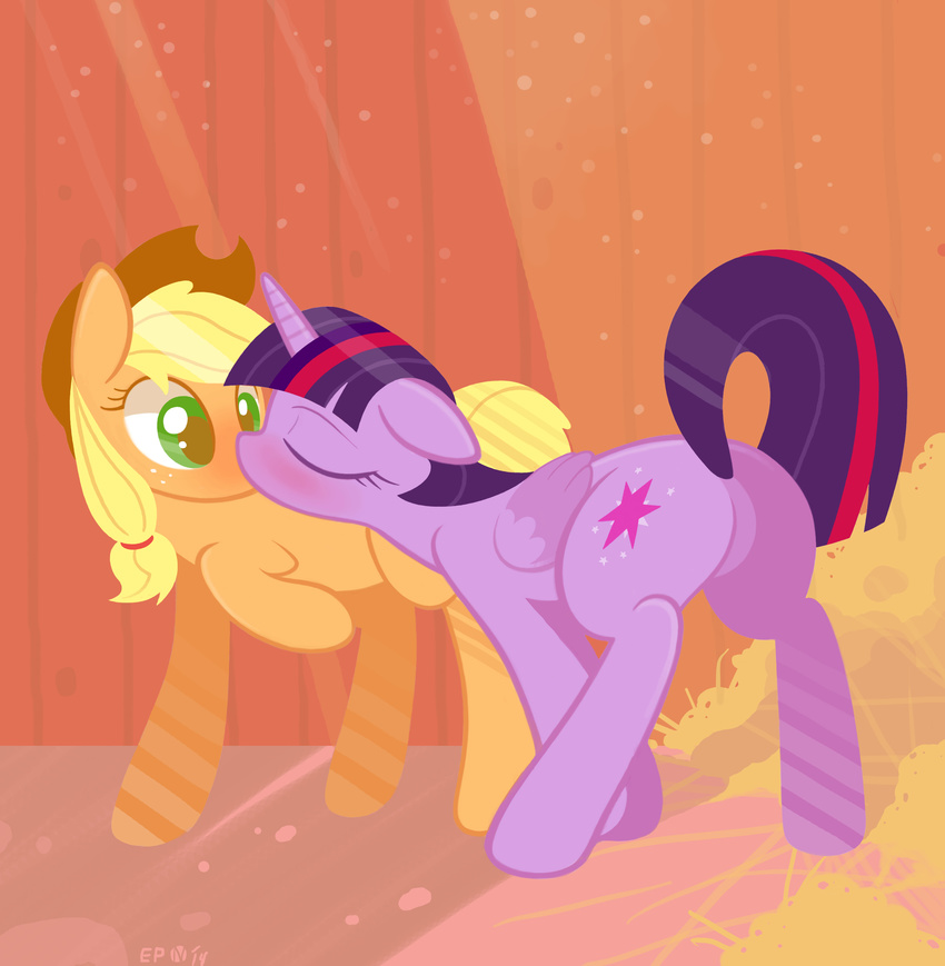 2014 absurd_res applejack_(mlp) blonde_hair blush braddo cutie_mark duo earth_pony equine eyes_closed featureless_crotch female feral freckles friendship_is_magic fur green_eyes hair hairband hat hi_res horn horse inside kissing lesbian mammal multi-colored_hair my_little_pony pony purple_fur raised_leg raised_tail twilight_sparkle_(mlp) winged_unicorn wings