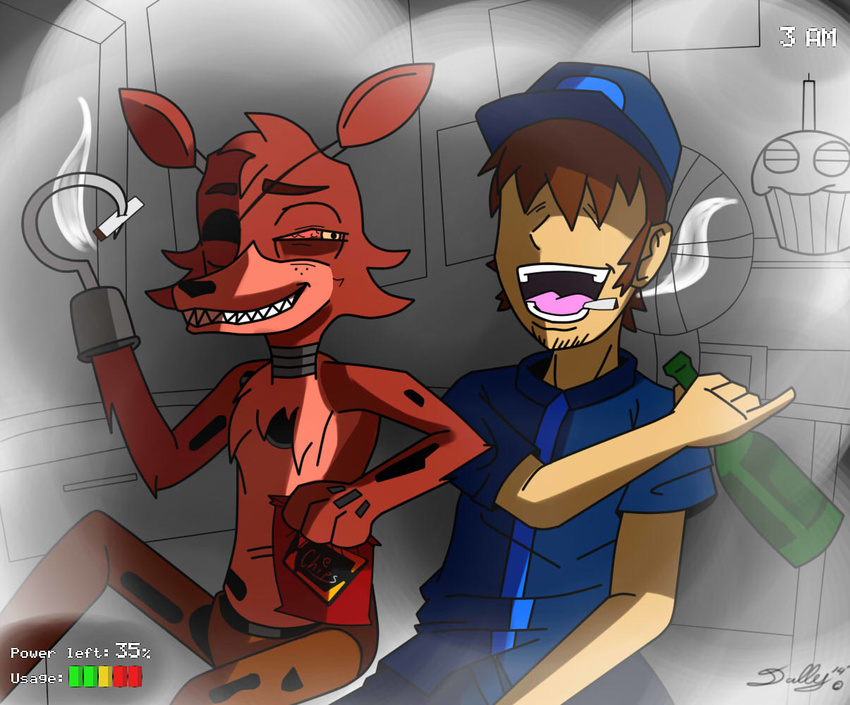 alcohol animatronic beverage canine cigarette cupcake_(fnaf) dalley-le-alpha drugs five_nights_at_freddy's fox foxy_(fnaf) human male mammal mike_schmidt red_sclera simple_background smoke stoned