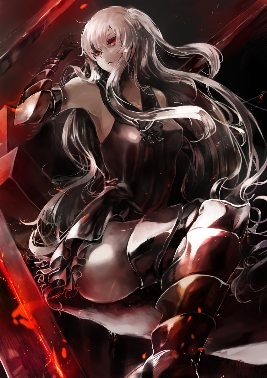 absurdres aircraft_carrier_oni armor armored_boots barefoot black_dress boots dress gauntlets highres hiso_(inoino_4) kantai_collection long_hair looking_at_viewer one_side_up pale_skin red_eyes sailor_dress shinkaisei-kan short_dress sitting solo thigh_boots thighhighs very_long_hair white_hair zettai_ryouiki