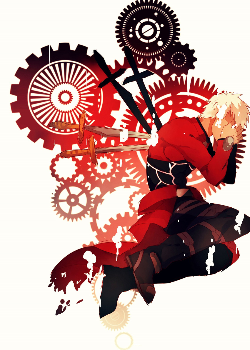 archer covering_face creat dark_skin dark_skinned_male fate/stay_night fate_(series) gears highres impaled male_focus solo sword unlimited_blade_works weapon white_hair