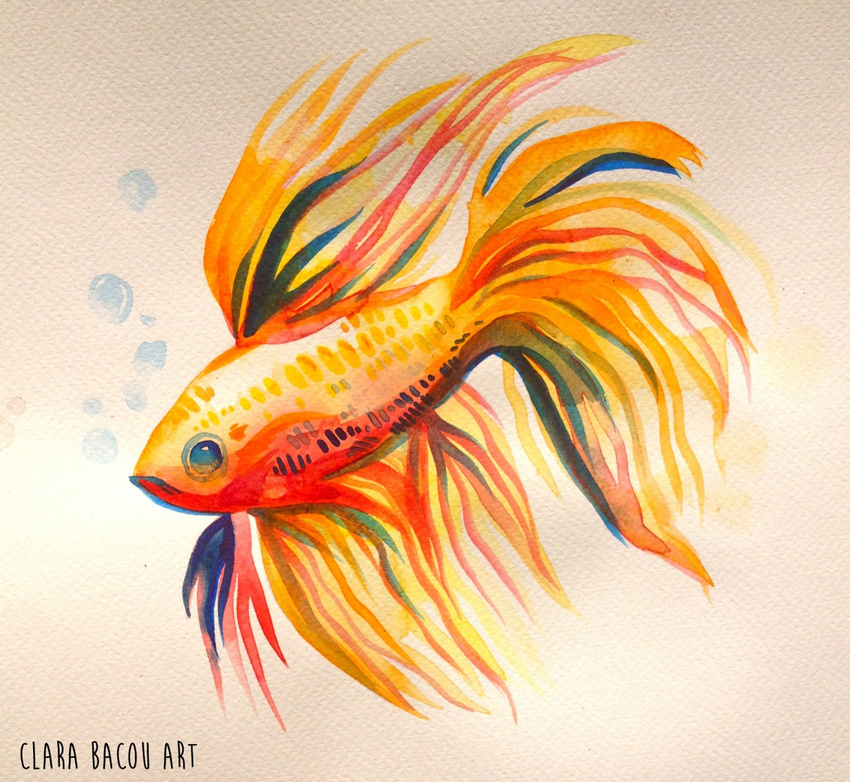 ambiguous_gender breasts clara_(artist) goldfish solo traditional_media watercolor