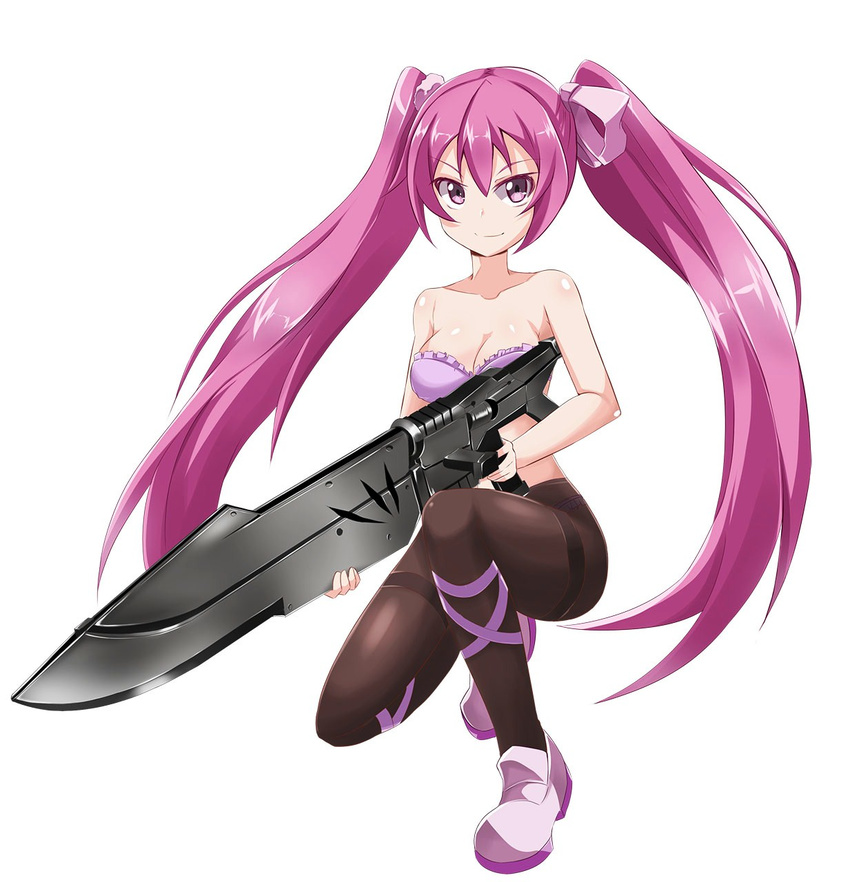 1girl akame_ga_kill! breasts cleavage hair_ribbon legs long_hair looking_at_viewer mine mine_(akame_ga_kill!) pantyhose pink_eyes pink_hair ribbon simple_background square_enix thighband_pantyhose thighs twintails very_long_hair weapon white_background