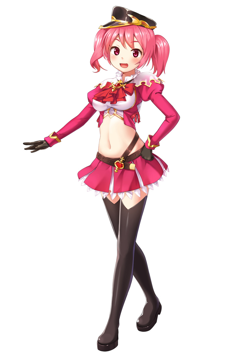 absurdres boots full_body gloves hand_on_hip hat highres midriff navel open_mouth original pink_eyes pink_hair puffy_sleeves sawada_yuusuke short_hair simple_background smile solo thigh_boots thighhighs twintails white_background