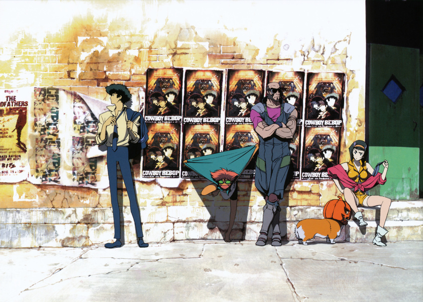 2girls absurdres animal bald beard cape cowboy_bebop crossed_arms dog edward_wong_hau_pepelu_tivrusky_iv ein_(cowboy_bebop) everyone facial_hair faye_valentine formal goggles green_hair headband highres jet_black leaning multiple_boys multiple_girls muscle necktie official_art orange_hair poster_(object) pumpkin purple_hair scan short_hair spike_spiegel suit sunglasses