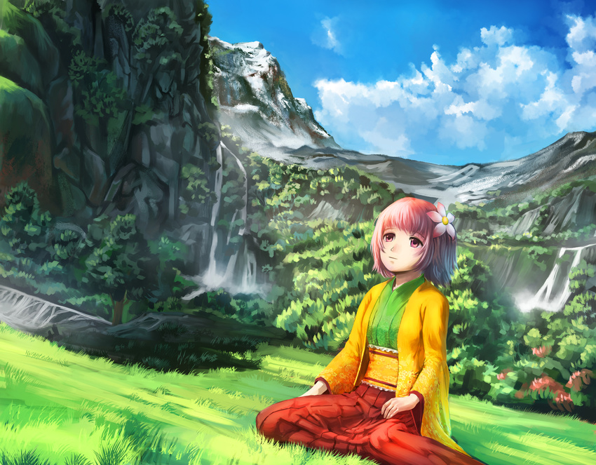 blue_sky bush cloud day flower grass hair_flower hair_ornament hakama hieda_no_akyuu highres japanese_clothes kimono long_sleeves looking_up mountain nature outdoors peaceful pink_hair red_hakama scenery shade short_hair sitting sky smile solo stream suehan touhou tree water waterfall wide_sleeves