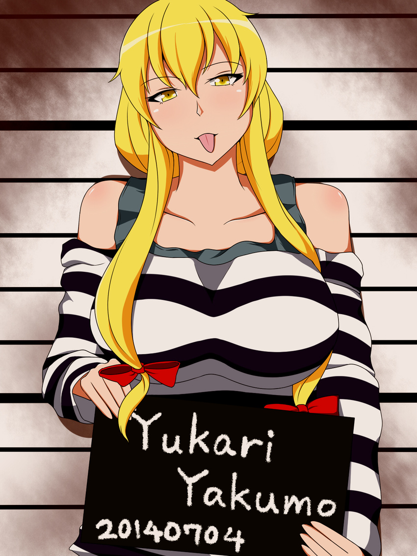 2014 alternate_costume bare_shoulders breasts character_name dated hair_over_breasts hair_over_shoulder hair_up head_tilt headwear_removed height_chart highres holding holding_sign lactone large_breasts looking_at_viewer mugshot prison_clothes sign smile solo tank_top tongue tongue_out touhou yakumo_yukari yellow_eyes