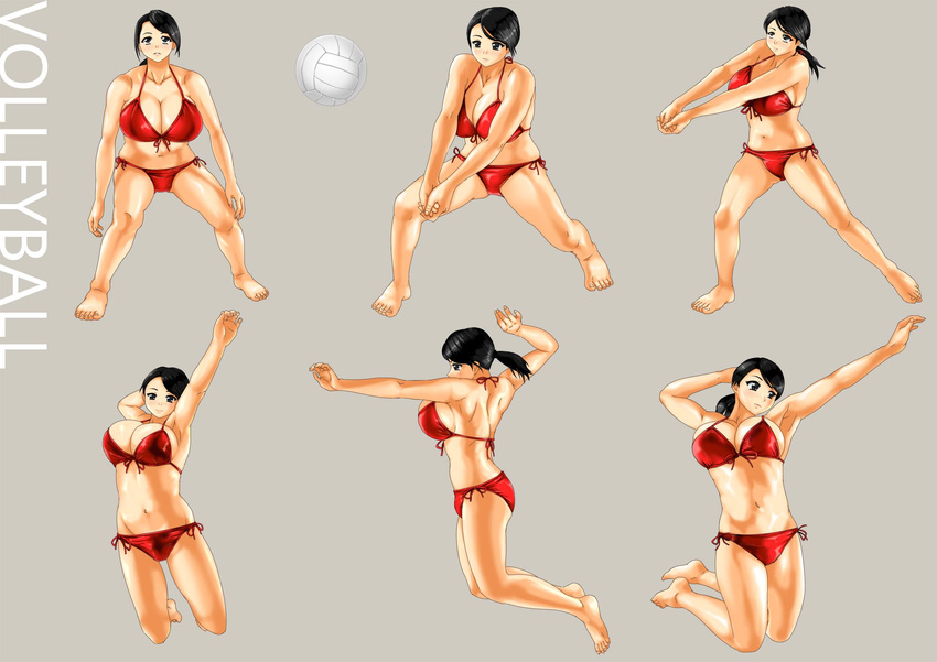 1girl ball barefoot beach_volleyball bikini black_hair breasts brown_eyes cleavage highres huge_breasts jumping keiryu navel original ponytail swimsuit volleyball