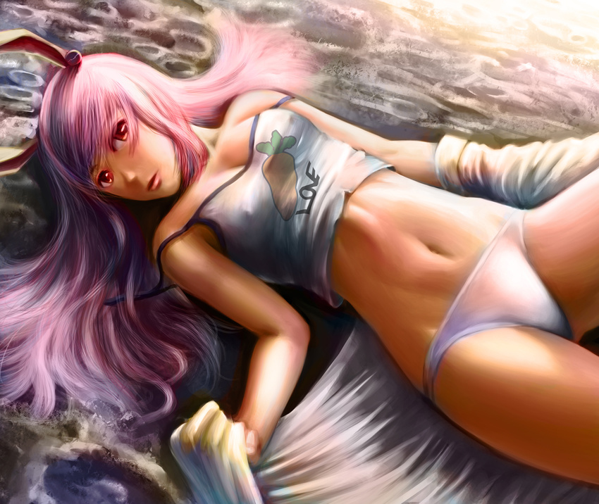 animal_ears beach breasts bunny_ears carrot covered_nipples crop_top english highres lips long_hair lying medium_breasts midriff navel off_shoulder panties pink_hair puddle red_eyes reisen_udongein_inaba sand solo stomach suehan touhou towel underwear