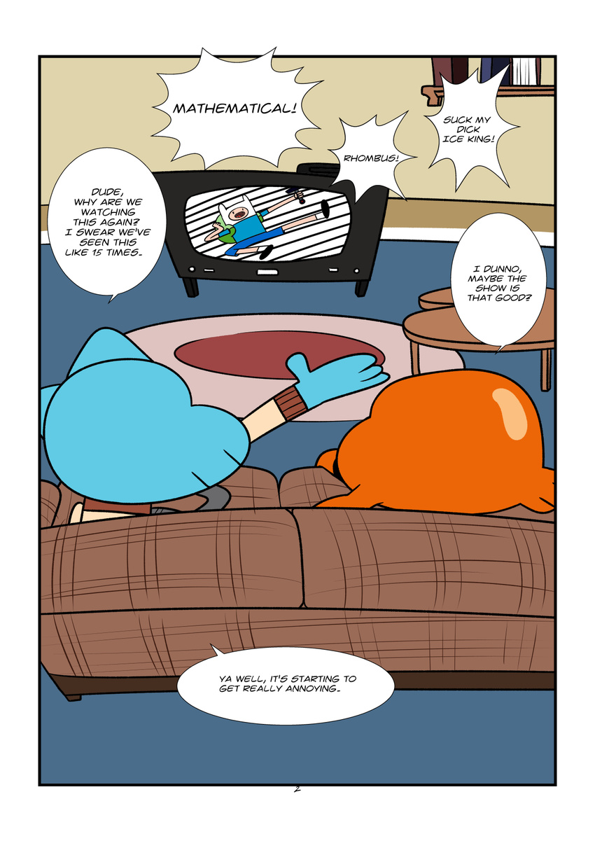 ! ? adventure_time backpack blue_fur book cat clothing comic darwin_watterson feline finn_the_human fish fur gumball_watterson human inside jerseydevil mammal marine orange_scales sofa speech_bubble sword table television the_amazing_world_of_gumball weapon