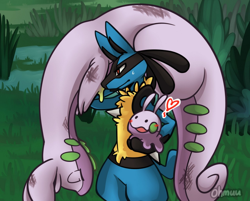 &lt;3 2014 ambiguous_gender carrying feral goodra goomy grass group holding lucario nintendo ohmuu outside pok&eacute;mon red_eyes slime spikes standing video_games water wounded