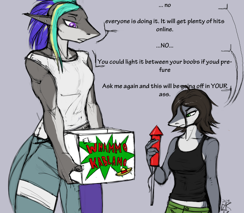 2014 anthro brown_hair clothing dialog duo ear_piercing english_text evelyn_(adorablydevious) female fish green_eyes grey_body hair ldr lucine marine muscles muscular_female piercing purple_eyes rocket shark shirt size_difference tank_top text