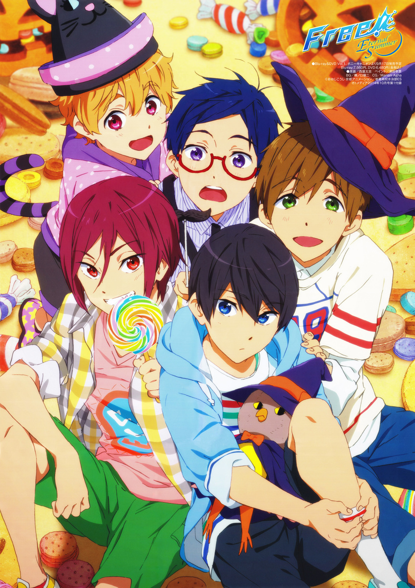 animal_hat black_hair blonde_hair blue_eyes brown_hair candy cat_hat cat_tail child food free! glasses green_eyes halloween hat hazuki_nagisa highres iwatobi-chan lollipop male_focus matsuoka_rin multiple_boys nanase_haruka_(free!) nishiya_futoshi official_art open_mouth red-framed_eyewear red_eyes red_hair ryuugazaki_rei sharp_teeth shorts smile tachibana_makoto tail teeth younger