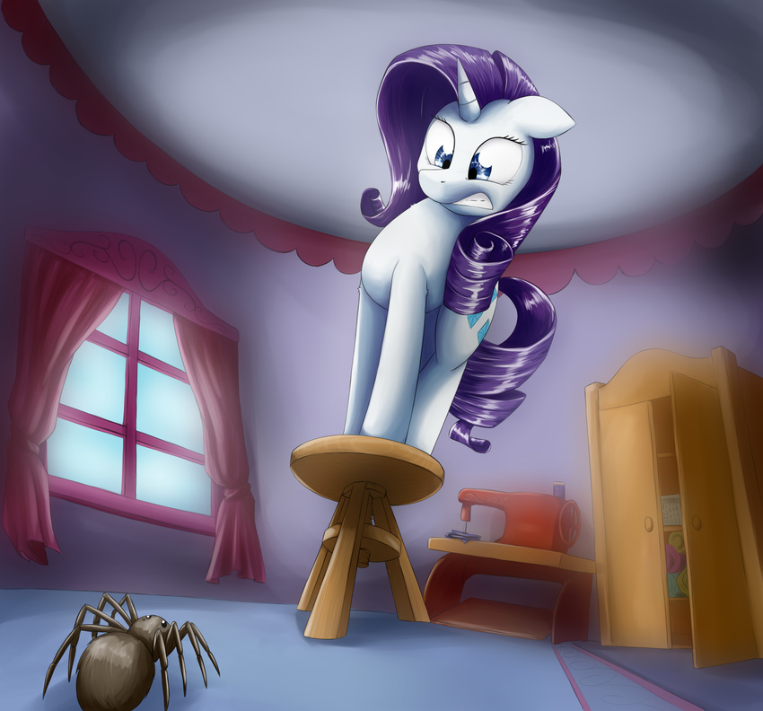 2014 arachnid arthropod blue_eyes cute equine female feral friendship_is_magic hair horn horse mammal my_little_pony otakuap purple_hair rarity_(mlp) scared spider unicorn