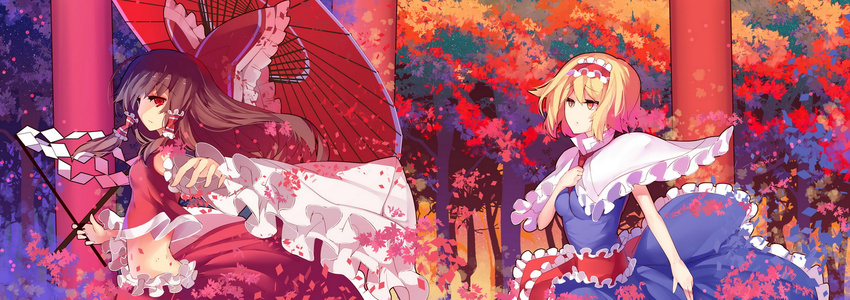 alice_margatroid blonde_hair bow brown_hair gohei hair_bow hair_ribbon hair_tubes hairband hakurei_reimu hand_on_own_chest highres holding lolita_hairband long_hair multiple_girls navel oonusa rain_lan red_eyes ribbon short_hair torii touhou wind yellow_eyes