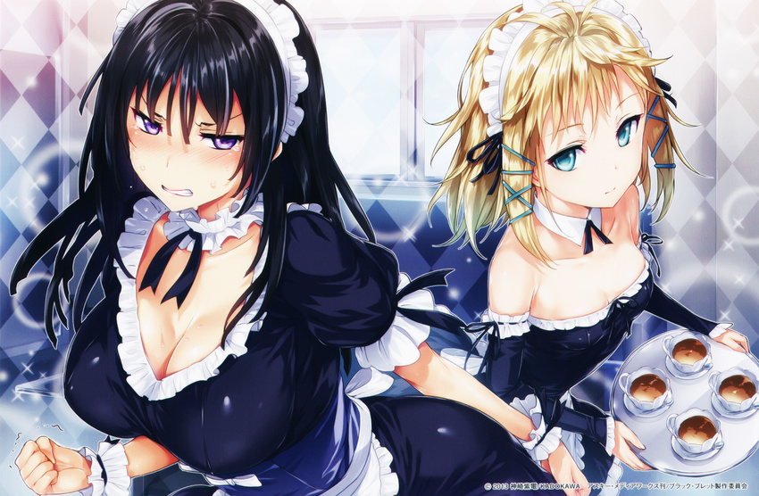 absurdres black_bullet black_hair blonde_hair blush breasts cleavage clenched_hand clenched_teeth coffee cup embarrassed end_card green_eyes highres hisasi jpeg_artifacts large_breasts long_hair maid maid_headdress multiple_girls purple_eyes screencap small_breasts sweat teacup tears teeth tendou_kisara tina_sprout tray