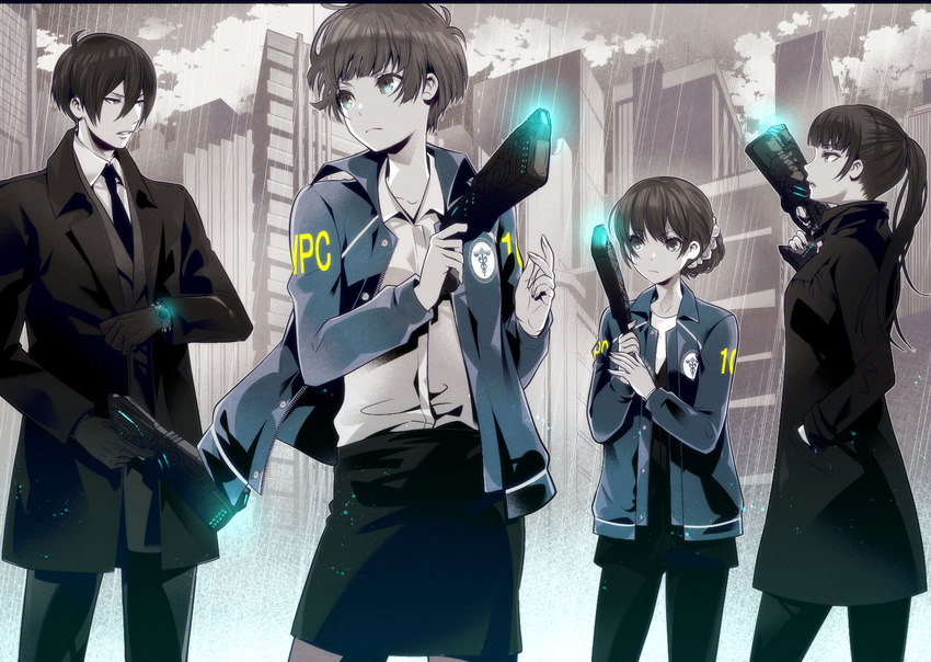 3girls black_hair brown_hair caduceus dominator_(gun) formal ginoza_nobuchika gun kunizuka_yayoi kuso_bba long_hair multiple_girls necktie ponytail psycho-pass rain shimotsuki_mika short_hair skirt suit tsunemori_akane watch weapon wristwatch