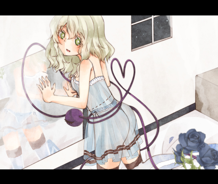 alternate_costume ass blush dress flower green_eyes green_hair karua_m komeiji_koishi letterboxed panties rose see-through short_hair third_eye touhou transparent underwear