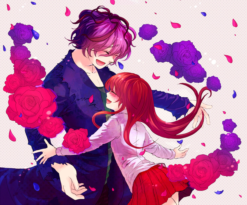 1girl blue_flower blue_rose brown_hair closed_eyes coat flower garry_(ib) happy highres ib ib_(ib) kumakichi_(o0nebula0o) long_hair petals purple_hair rose short_hair smile