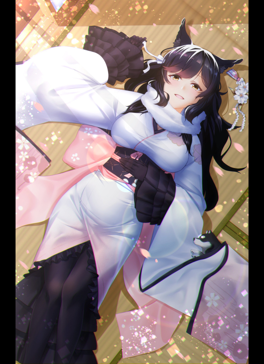 :d absurdres animal animal_ears atago_(azur_lane) azur_lane bangs black_hair black_legwear blush breasts carrying cleavage day dog egasumi eyebrows_visible_through_hair feet_out_of_frame frilled_kimono frills from_above hand_on_own_stomach hand_up highres husky indoors japanese_clothes kagiyama_(gen'ei_no_hasha) kimono large_breasts layered_sleeves lens_flare long_hair long_sleeves looking_at_viewer mole mole_under_eye obi on_floor open_mouth pantyhose petals pillarboxed princess_carry puppy sash scarf shiny shiny_hair sliding_doors smile solo sunlight swept_bangs tatami white_kimono white_scarf wide_sleeves