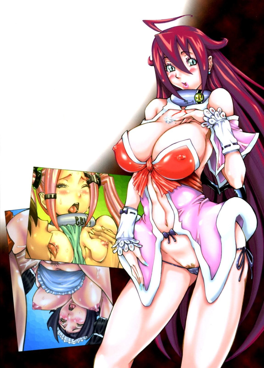bare_shoulders blue_nails blush breasts brown_hair choker cleavage demon_girl eyelashes fingernails green_eyes hand_on_breast hanging_breasts highres large_breasts lips lipstick long_fingernails long_hair makeup nail_polish naughty_face navel nico_pun_nise nipples panties pink_lips pink_lipstick pubic_hair purimu_no_nikki shiny shiny_skin smile succubus thick thick_thighs thighs underwear veena