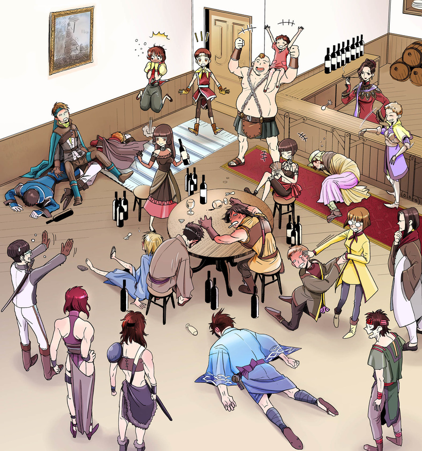 6+girls alcohol anita_(suikoden) apple_(suikoden) barrel blonde_hair blush bolgan_(suikoden) bottle brown_hair camus_(suikoden) cape chain drunk eilie fitcher flik freed_yamamoto gensou_suikoden gensou_suikoden_ii glasses gloves hanna_(suikoden) headband highres leona_(suikoden) long_hair lying miklotov multiple_boys multiple_girls nanami_(suikoden) oulan pilika_(suikoden) pipe rikimaru_(suikoden) rina_(suikoden) riou sake sheena shocaco short_hair shu_(suikoden) tai_ho turban viktor yam_koo zamza