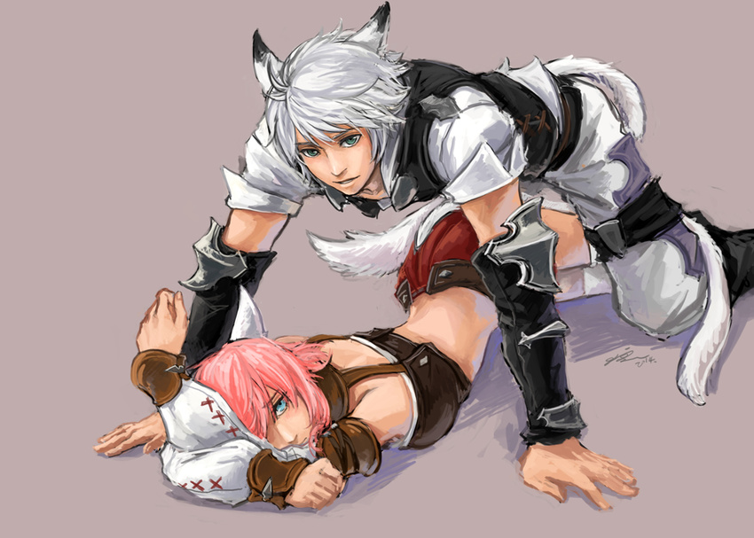 1boy 1girl all_fours animal_ears blue_eyes cat_ears cat_tail cat_tails final_fantasy final_fantasy_xiii final_fantasy_xiv green_eyes hope_estheim lightning_farron lightning_returns:_final_fantasy_xiii looking_at_viewer lying miqo'te miqo'te on_side pink_hair smile tail white_hair wolf_(lucu21504)