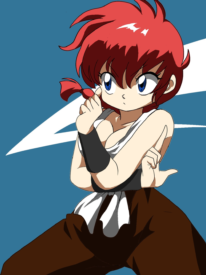 1girl blue_eyes braid breasts cleavage collaboration genderswap lum10 ranma-chan ranma_1/2 red_hair saotome_ranma single_braid solo wantan-orz wristband