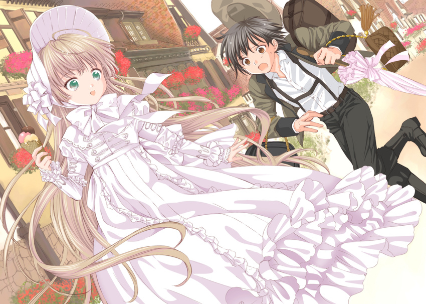 1girl :d amano_sakuya bag black_hair black_pants blonde_hair bonnet bow bowtie brown_eyes brown_hair building carrying dress dutch_angle food frilled_dress frilled_sleeves frills gosick green_eyes hat hat_removed headwear_removed highres hime_cut holding house ice_cream jacket kujou_kazuya lolita_fashion long_hair long_sleeves official_art open_mouth pants parasol running short_hair sleeves_past_wrists smile suspenders sweet_lolita umbrella very_long_hair victorica_de_blois white_dress