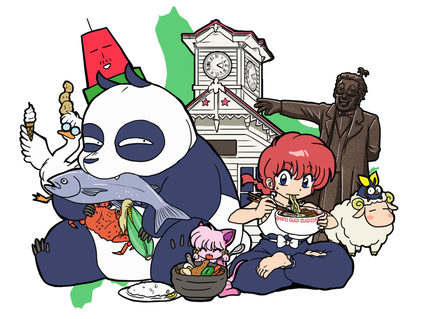 1girl 2girls 3boys bird blue_eyes cat corn crab duck eating father_and_daughter fish food genderswap hibiki_ryouga indian_style mousse multiple_boys multiple_girls noodles p-chan panda pig ranma-chan ranma_1/2 red_hair saotome_ranma shampoo_(ranma_1/2) sheep sitting statue wantan-orz