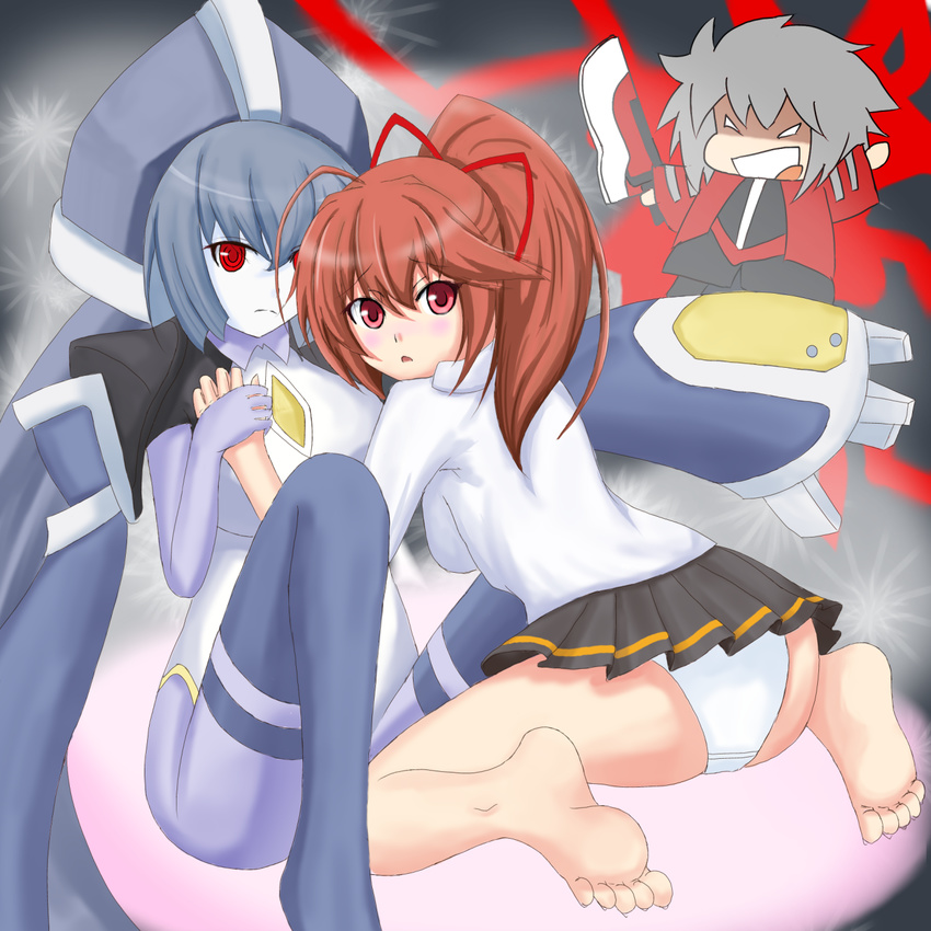 1boy 1girl ahoge android arc_system_works ass barefoot blazblue blazblue:_chronophantasma blush breasts brown_hair celica_a_mercury chibi grey_hair hair_ribbon holding_hand large_breasts long_hair looking_at_viewer medium_breasts mimix33 minerva_(blazblue) open_mouth panties pantyshot pink_eyes ponytail ragna_the_bloodedge red_eyes ribbon sideboob sitting skirt underwear upskirt wariza