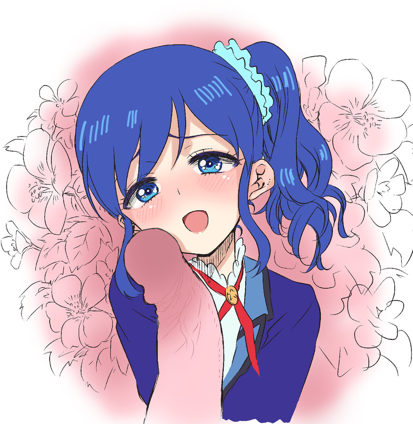 1girl aikatsu! aikatsu!_(series) bangs blue_eyes blue_hair blue_scrunchie blush floral_background flower hetero highres hirota_masatane kiriya_aoi long_hair neck_ribbon open_mouth penis penis_awe penis_on_face red_ribbon ribbon school_uniform scrunchie side_ponytail sidelocks smile solo_focus starlight_academy_uniform swept_bangs upper_body