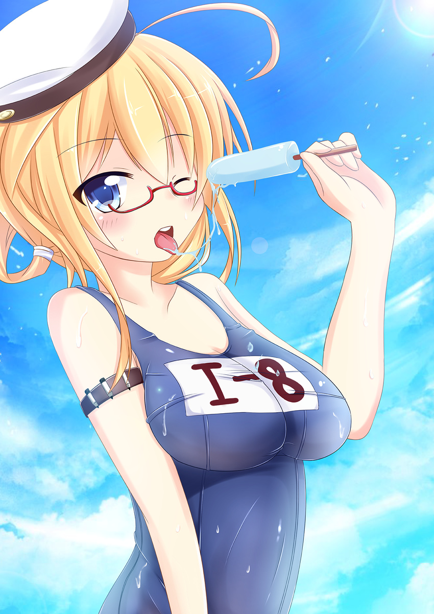 ;p ahoge blue_eyes blush breasts cloud day food glasses hat highres i-8_(kantai_collection) kantai_collection looking_at_viewer medium_breasts nugi_(armenci) one-piece_swimsuit one_eye_closed popsicle red-framed_eyewear school_swimsuit semi-rimless_eyewear sexually_suggestive sky solo swimsuit tongue tongue_out under-rim_eyewear wet