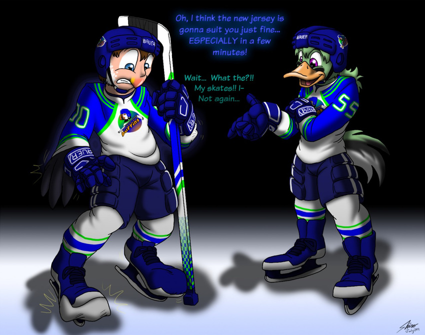 2014 avian bird catmonkshiro duck hockey hockey_stick ice male pheagle puffin transformation uniform