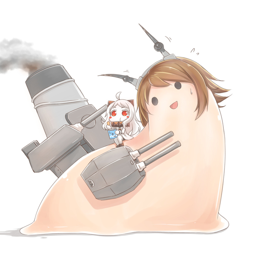 :d :t ahoge blush_stickers brown_hair chips commentary_request eating food hairband horns kantai_collection machinery mittens multiple_girls mutsu_(kantai_collection) mutsu_(snail) northern_ocean_hime open_mouth potato_chips red_eyes shinkaisei-kan sitting slug smile smoke smokestack solid_circle_eyes sweatdrop translated turret white_hair yaosera