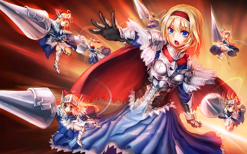 ahoge alice_margatroid armor blonde_hair blue_eyes bow breastplate cape dress freeze-ex gauntlets gloves greaves hair_bow hairband lance long_hair open_mouth polearm shanghai_doll short_hair solo touhou weapon