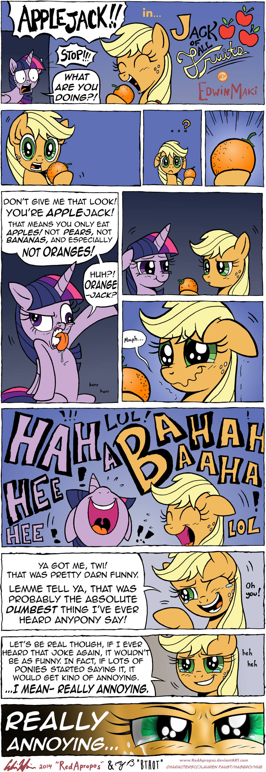 2014 absurd_res applejack_(mlp) comic dialog earth_pony english_text equine female feral friendship_is_magic fruit hi_res horn horse invalid_color laugh looking_at_viewer mammal my_little_pony pony redapropos text twilight_sparkle_(mlp) winged_unicorn wings