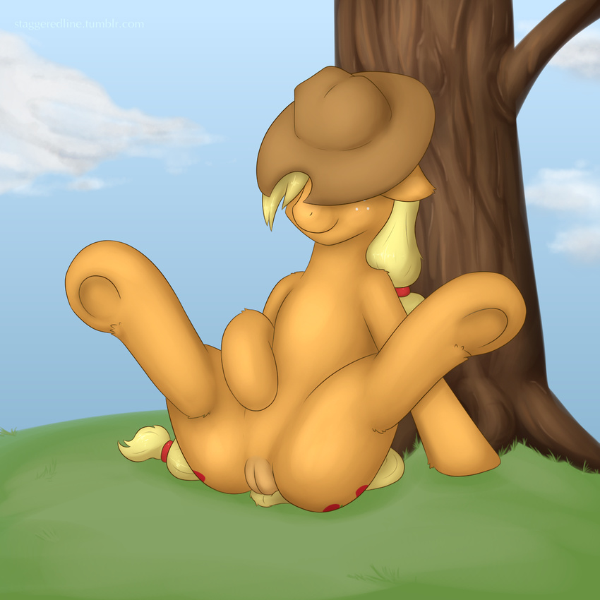 applejack_(mlp) blonde_hair clitoris cutie_mark equine female freckles friendship_is_magic fur hair hat hooves horse legs_up long_hair mammal my_little_pony orange_fur outside pony presenting pussy sitting smile solo spread_legs spreading staggeredline tree