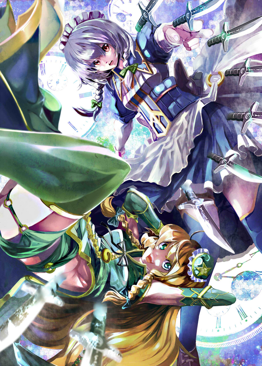 action adapted_costume apron armpits arms_behind_head battle blue_dress blue_legwear braid chinese_clothes clock colored_eyelashes dress elbow_gloves faux_traditional_media fuyunotete gloves green_eyes green_gloves green_legwear green_shirt hair_ribbon hat highres hong_meiling izayoi_sakuya knife long_hair maid_apron maid_headdress midriff mini_hat multiple_girls obi open_mouth orange_hair puffy_short_sleeves puffy_sleeves red_eyes red_hair ribbon sash serious shirt short_hair short_sleeves side_slit silver_hair sleeveless sleeveless_shirt thighhighs throwing_knife touhou tress_ribbon twin_braids upside-down weapon zettai_ryouiki