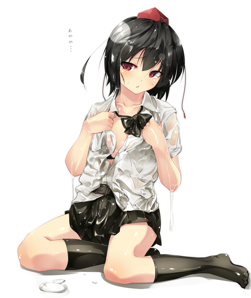 ayaya~ belt black_bra black_hair black_legwear black_skirt bra collarbone dripping gorilla_(bun0615) hat highres looking_at_viewer open_mouth red_eyes see-through shameimaru_aya shiny shiny_skin shirt short_sleeves simple_background sitting skirt solo thighhighs tokin_hat touhou underwear wet wet_clothes wet_shirt white_background white_shirt