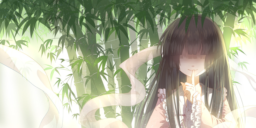 3000_xiao_chun absurdres bamboo bamboo_forest black_hair dappled_sunlight finger_to_mouth forest hair_over_eyes highres hime_cut houraisan_kaguya long_hair long_sleeves nature shawl shushing smile solo sunlight touhou wide_sleeves