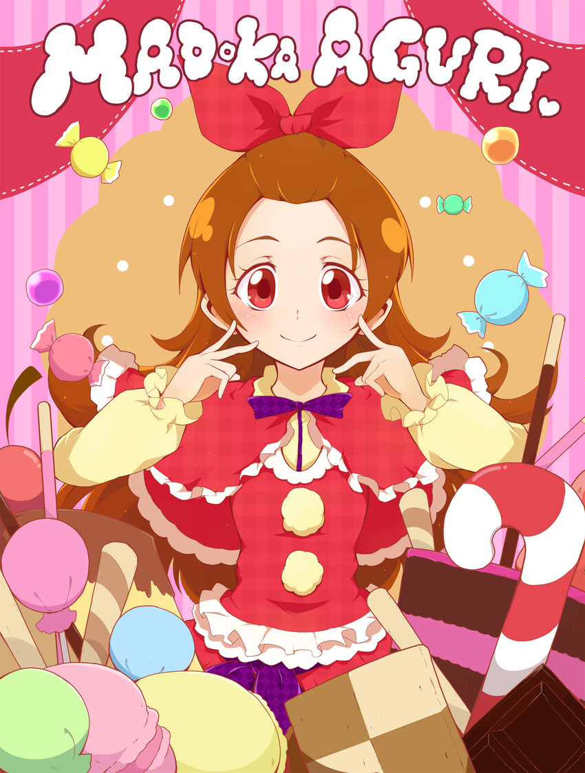 alternate_costume ashita_wa_hitsuji bangs_pinned_back blush bow brown_hair candy candy_cane capelet character_name checkerboard_cookie cherry cookie dokidoki!_precure food fruit hair_bow highres lollipop long_hair macaron madoka_aguri pocky precure pudding red_eyes smile solo strawberry_pocky sweets unmoving_pattern wafer_stick